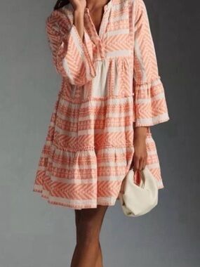 Devotion TWINS Peach & White Patterned Tiered Mini Dress